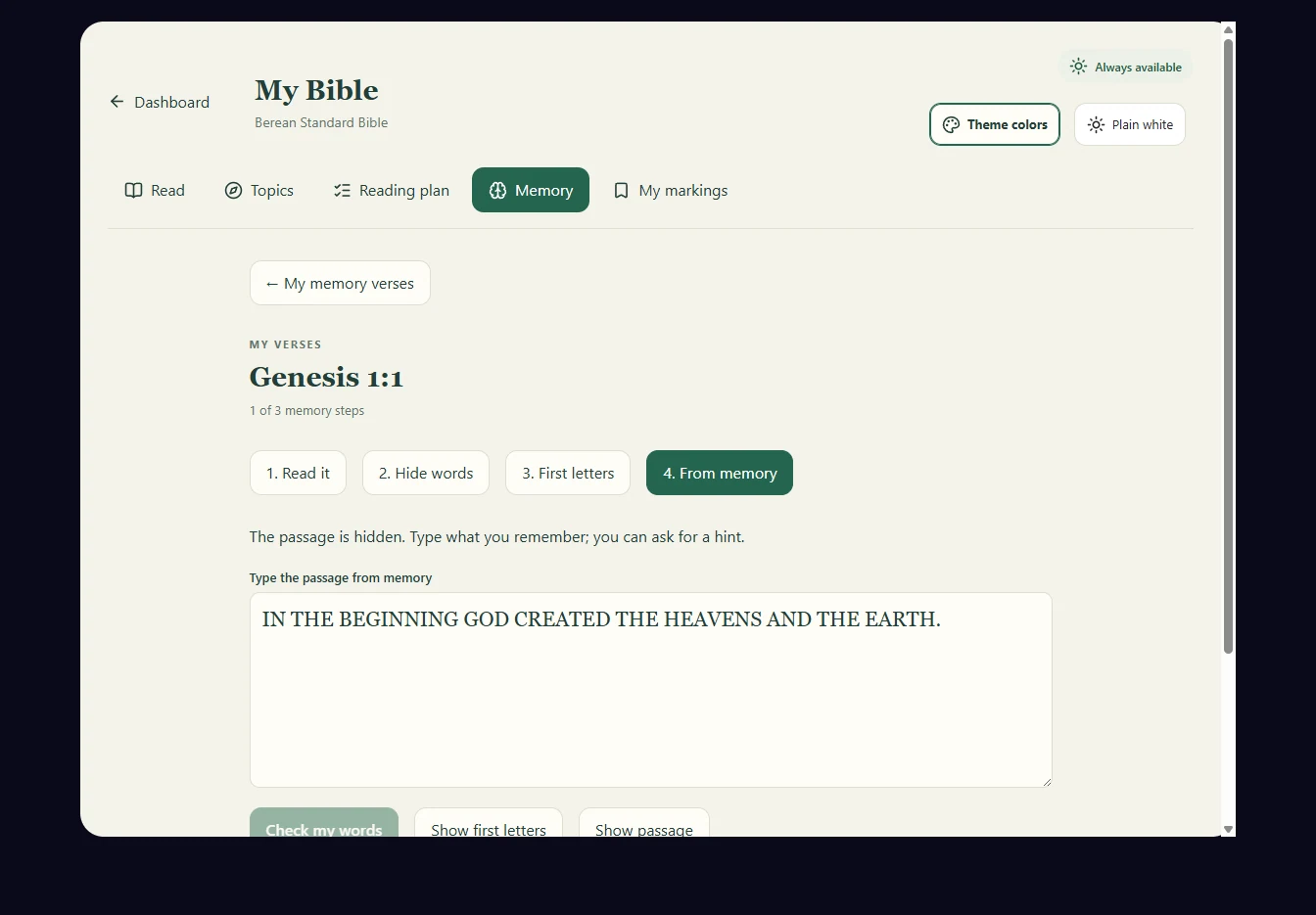 Scripture memory practice for Genesis 1:1, with read, hide words, first letters and type from memory steps.