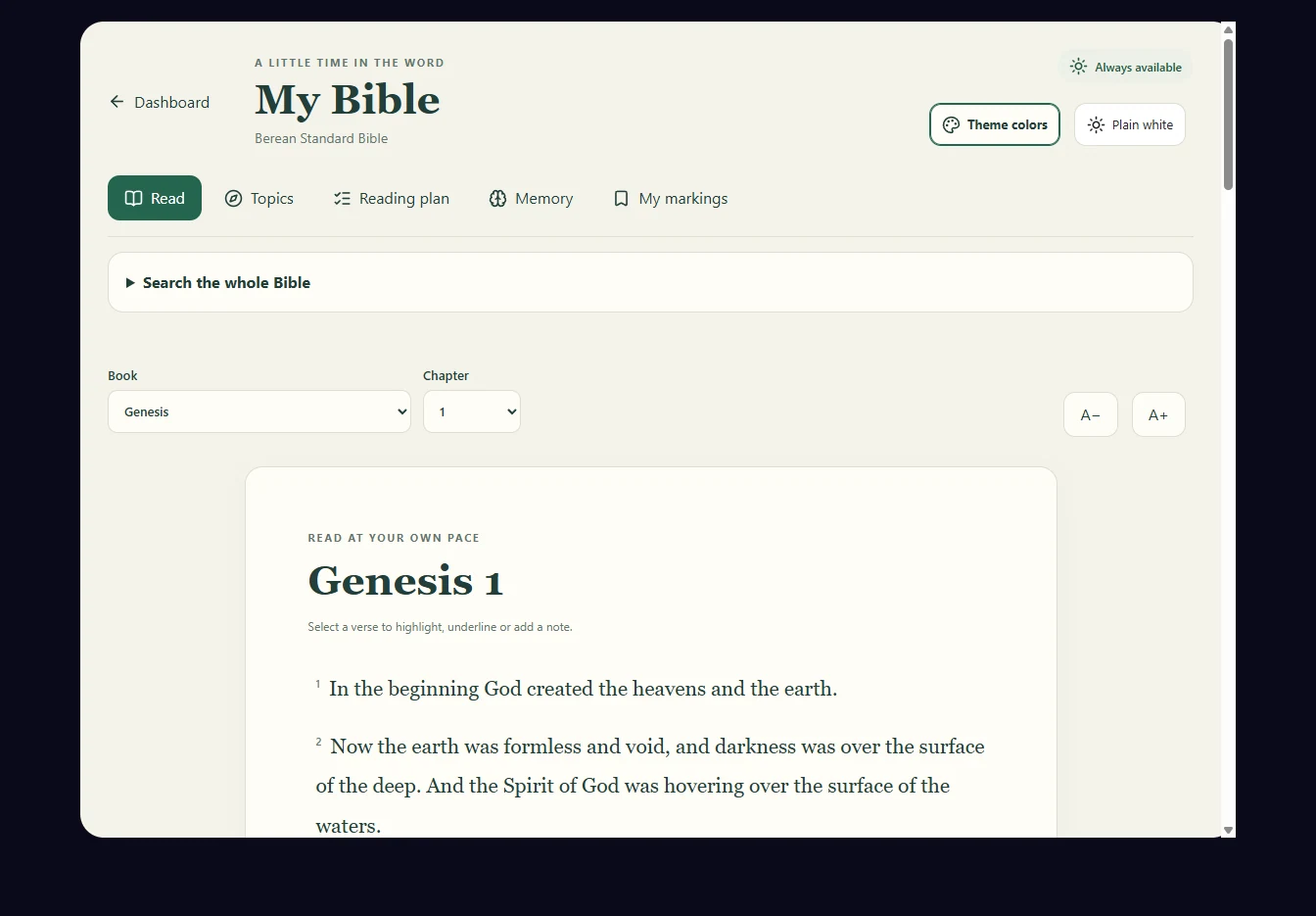 The Berean Standard Bible reader open to Genesis 1, with chapter navigation, highlighting and notes.