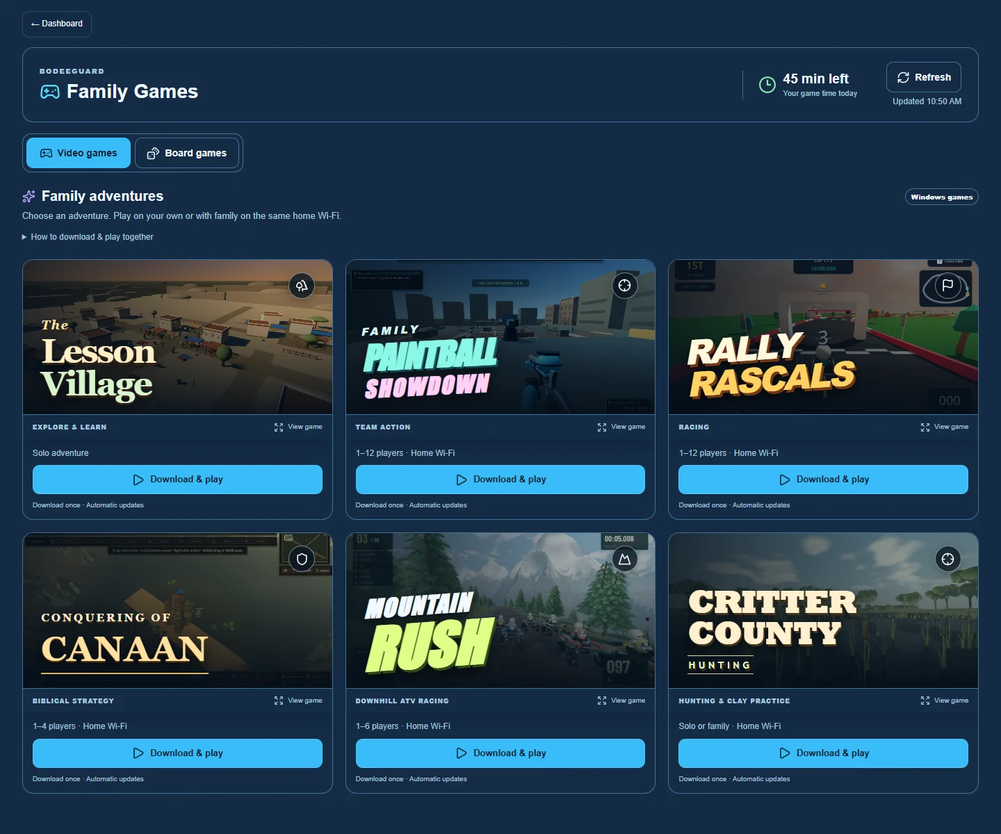 Family Game Room with The Lesson Village, Family Paintball Showdown, Rally Rascals, Conquering of Canaan, Mountain Rush and Critter County Hunting.