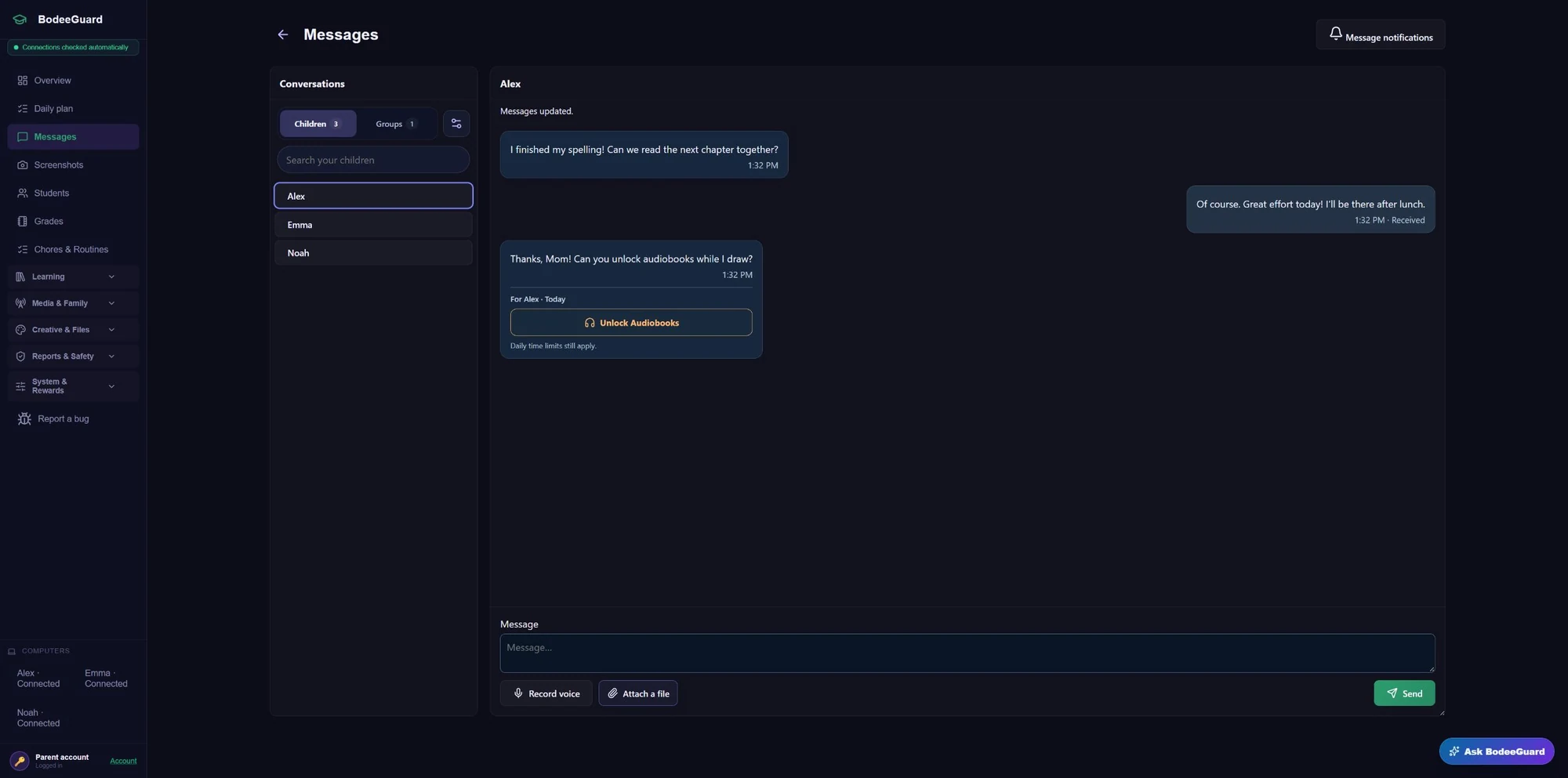 A sample conversation with Alex asking to unlock audiobooks and a parent action to approve access.