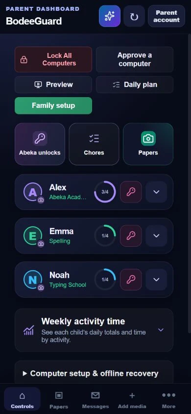 Mobile parent dashboard with fictional children Alex, Emma and Noah, completion rings and quick controls.